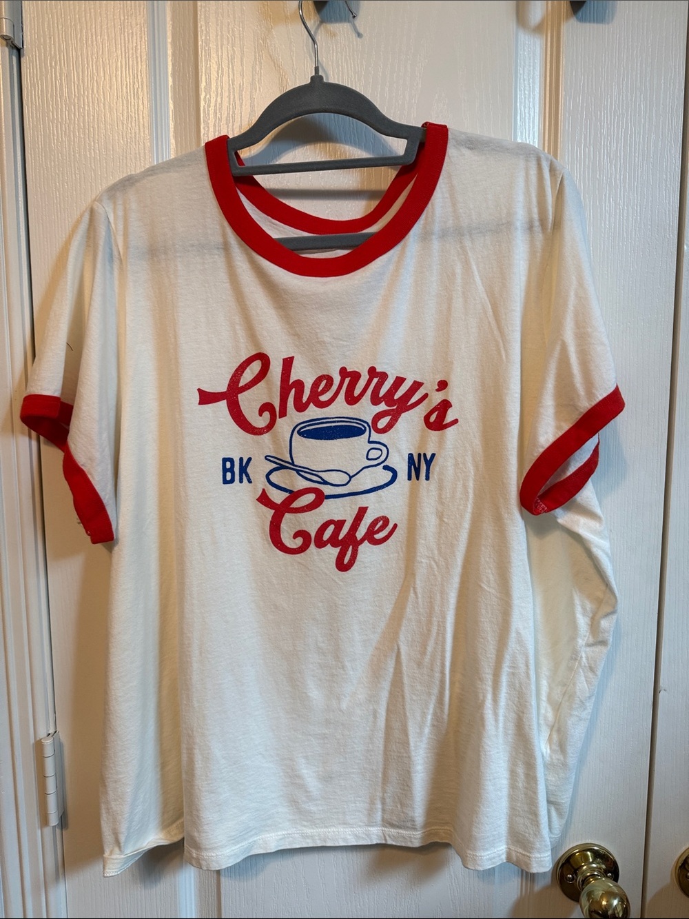 Old Navy White Tee with Red Trim and Blue Graphic - Cherry's Cafe